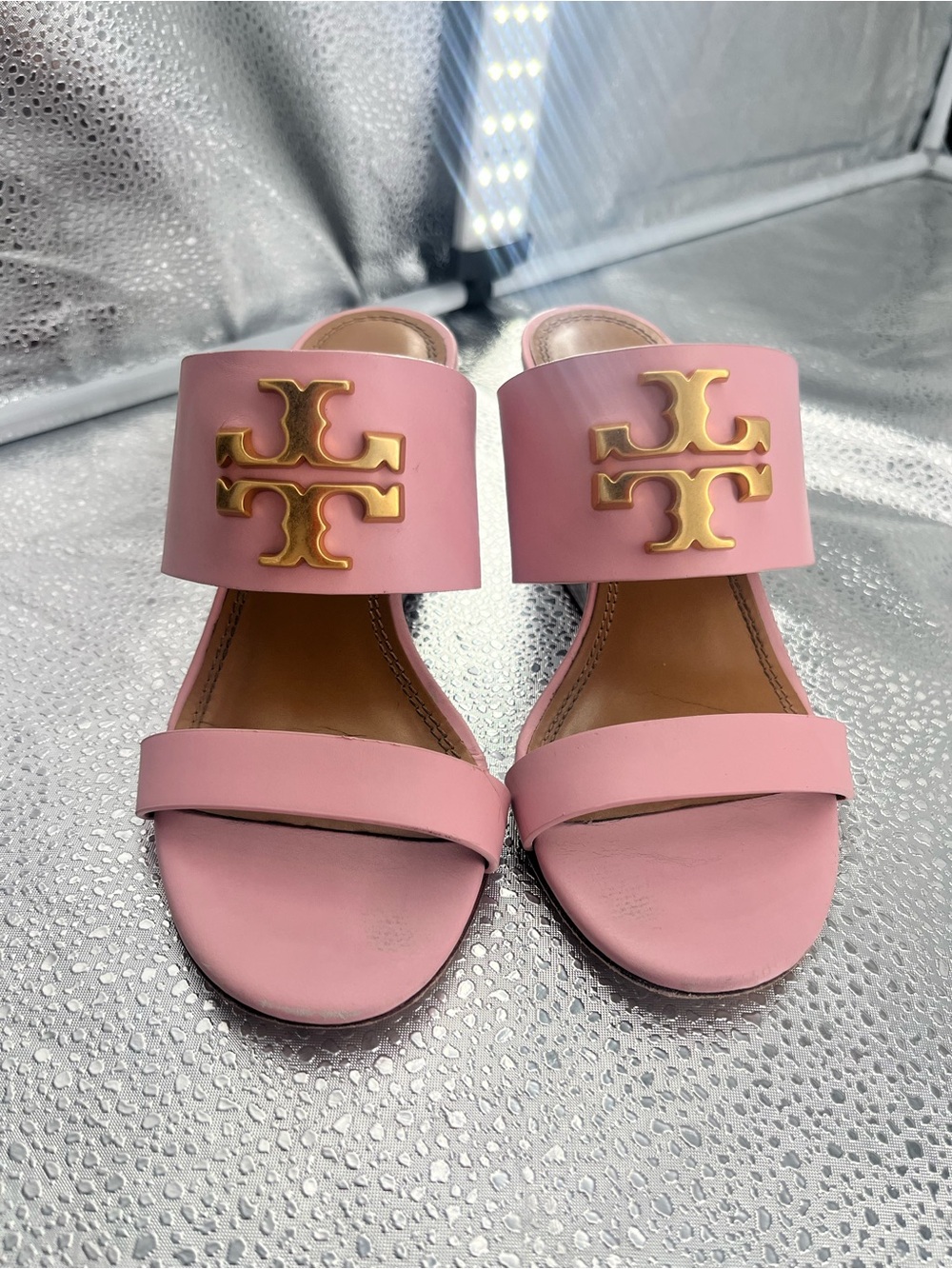 Tory Burch Pink Leather Gold Logo Block Heel Mules Size 5